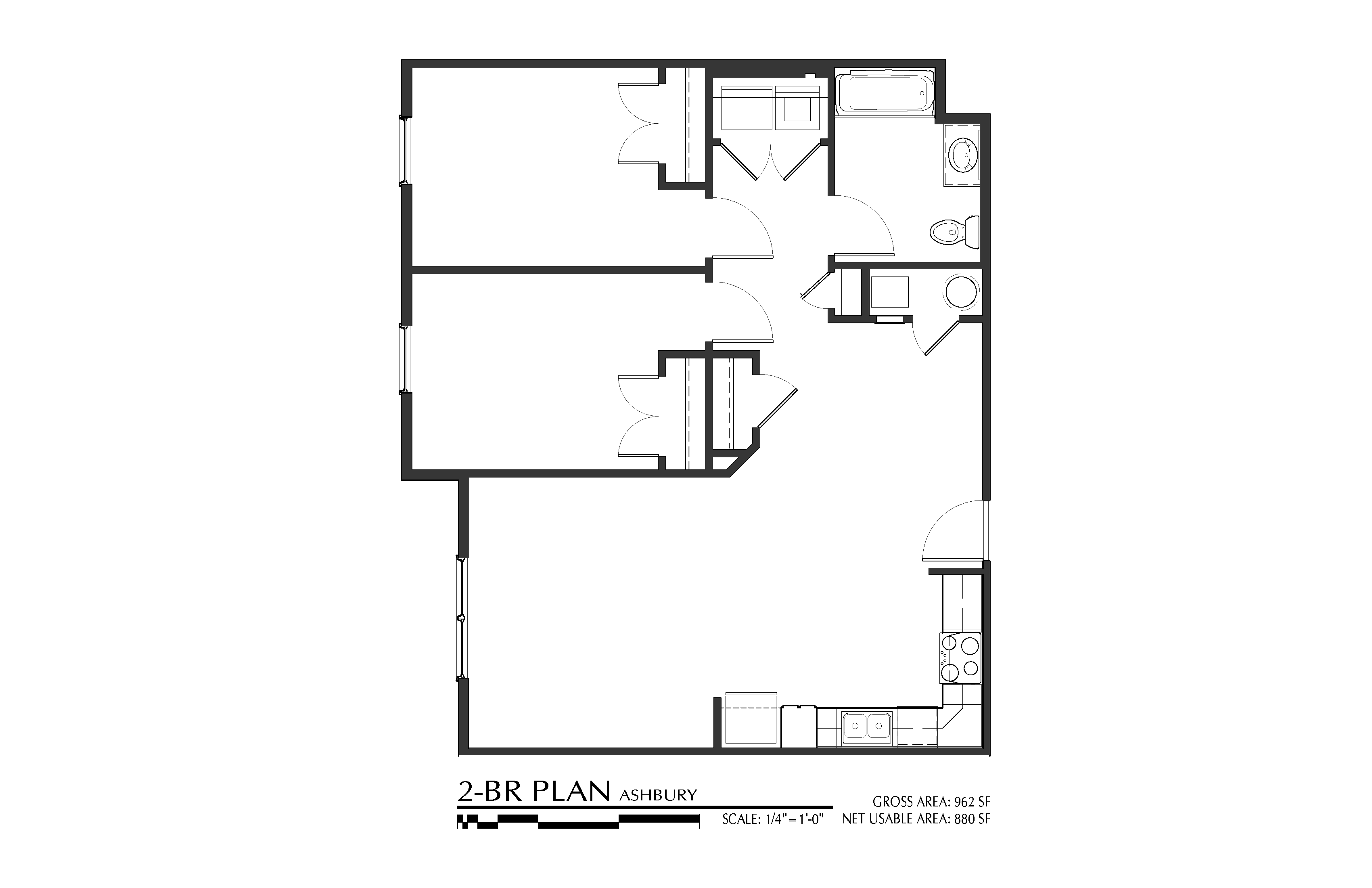 Floor plan for 2 beds, 2 baths, 880 sqft